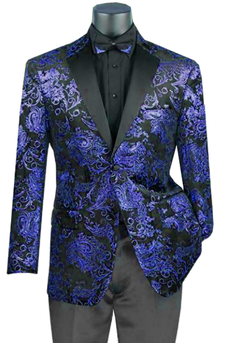 Chaqueta de esmoquin de terciopelo con estampado paisley para hombre en azul real