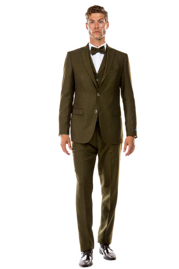 Traje de boda de tweed estilo vintage con dos botones y chaleco para hombre en verde oliva