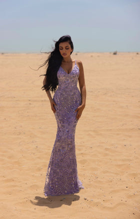 Chic and Holland AN330024 V-Neck Beaded Evening Gown