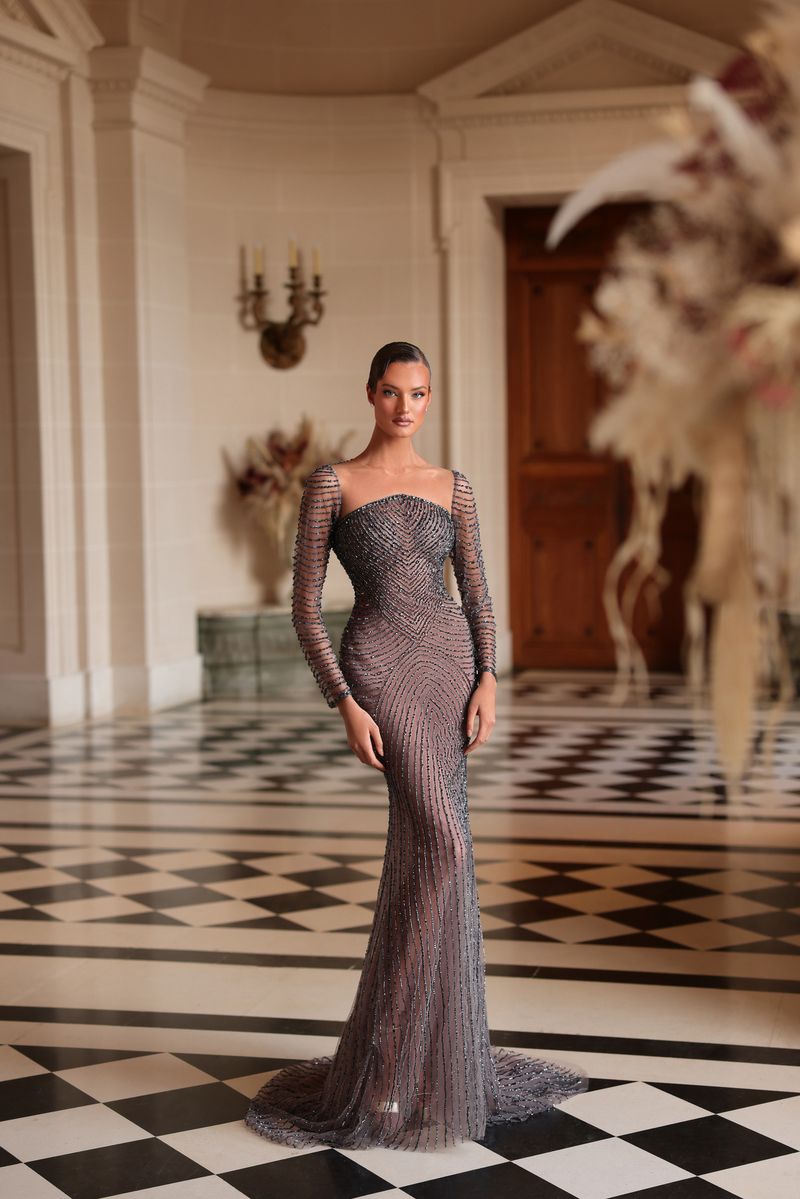 Straight Neckline Beaded Evening Gown