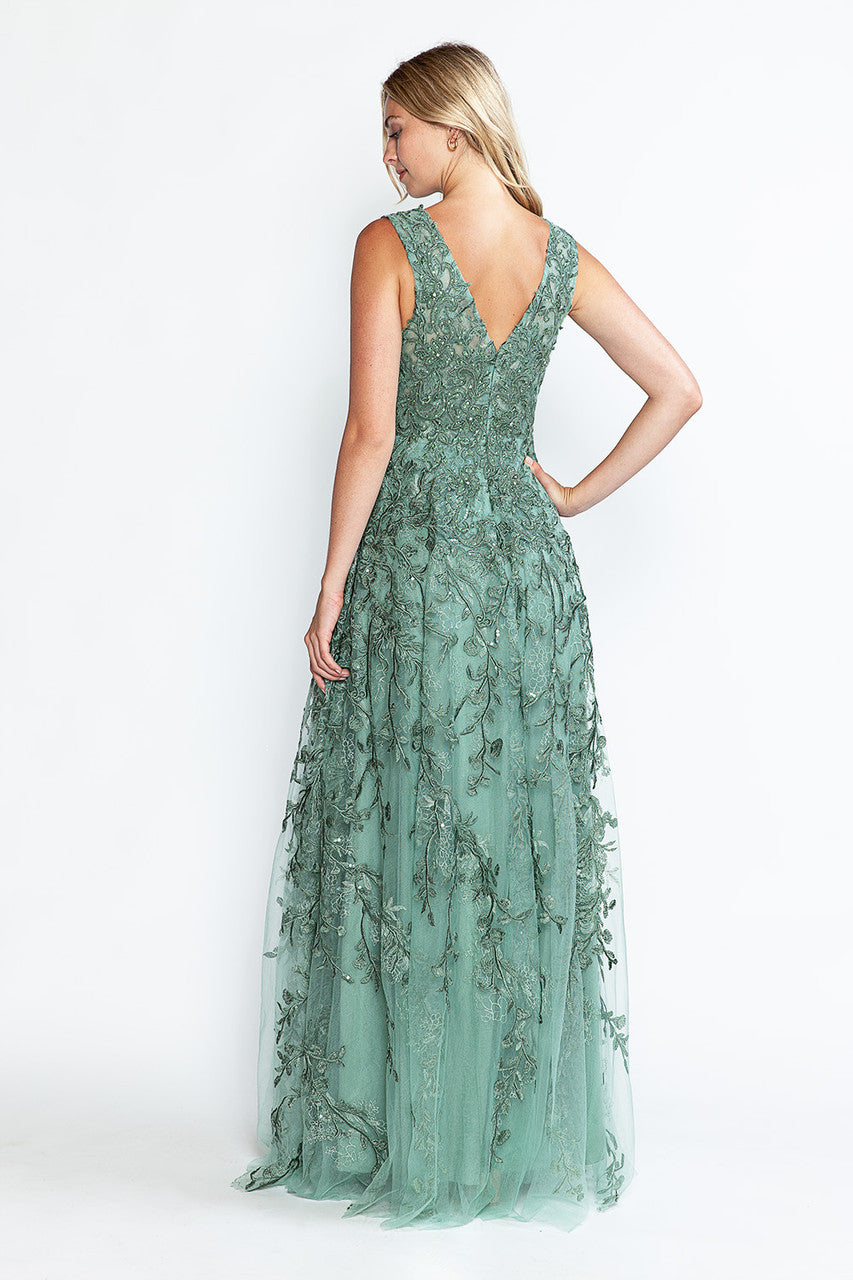 Vestido formal largo con escote en V y sin mangas, corte A, de Lenovia 8337 (Nueva colección)
