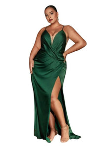 Satin Deep V-Neck Formal Dress 2025 Elegant Evening Gown - Emerald / 16 - Prom