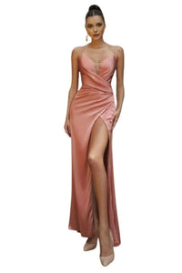 Satin Deep V-Neck Formal Dress 2025 Elegant Evening Gown - Nude / 16 - Prom