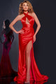 Satin Fitted Halter Slit Gown by Jovani 42822 - 00 / Watermelon - Long Formal Dresses