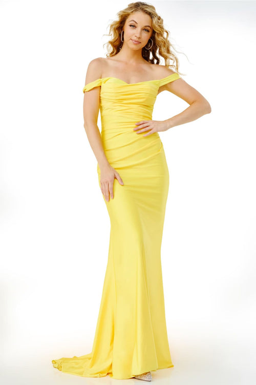 Satin Fitted Off Shoulder Gown by Jovani 07639 - 00 / Yellow - Long Formal Dresses