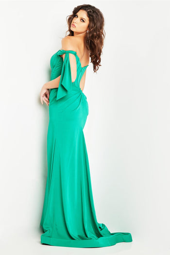 Satin Fitted Off Shoulder Slit Gown by Jovani 38197 - Long Formal Dresses