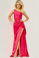 Satin Fitted One Shoulder Slit Gown by Jovani 07536 - 00 / Hot Pink - Long Formal Dresses