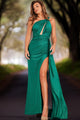Satin Fitted One Shoulder Slit Gown by Jovani 37522 - 00 / Emerald - Long Formal Dresses