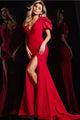 Satin Fitted Puff Sleeve Slit Gown by Jovani 37272 - 00 / Red - Long Formal Dresses