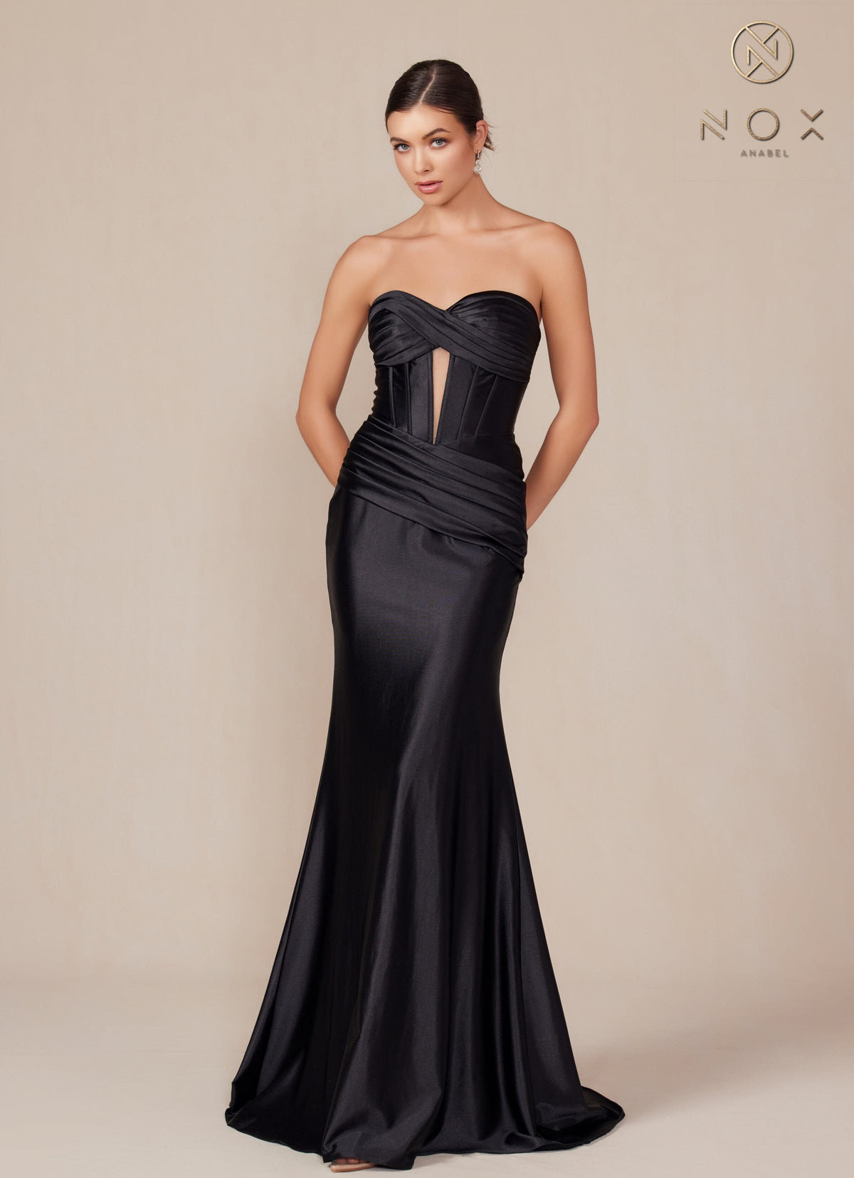 Nox Anabel T1500 Strapless Satin Fitted Long Corset Evening Gown with Train