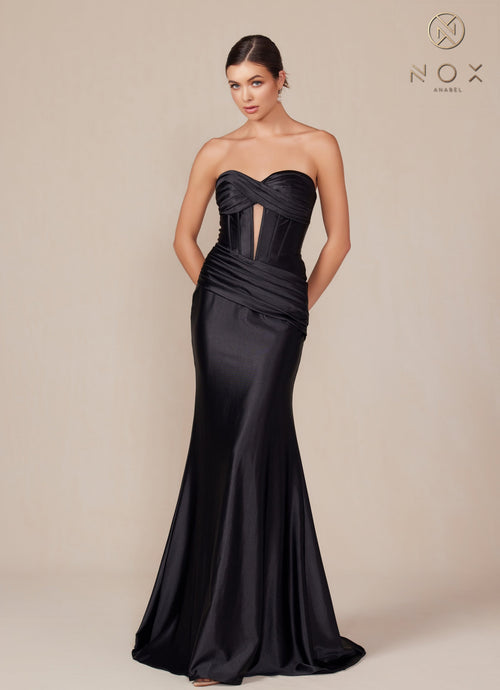 Nox Anabel T1500 Strapless Satin Fitted Long Corset Evening Gown with Train
