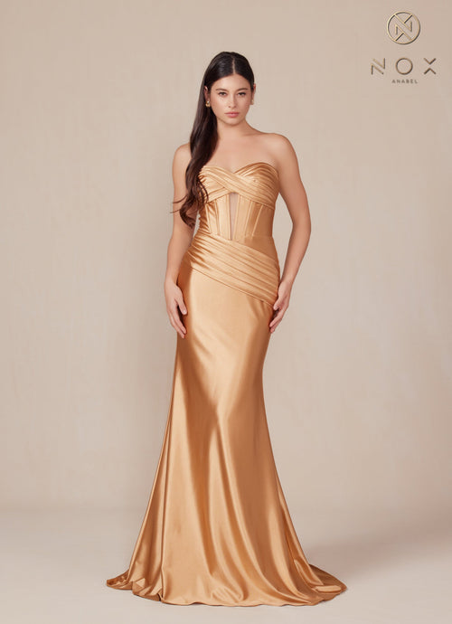 Nox Anabel T1500 Strapless Satin Fitted Long Corset Evening Gown with Train