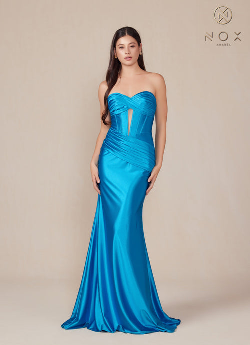 Nox Anabel T1500 Strapless Satin Fitted Long Corset Evening Gown with Train
