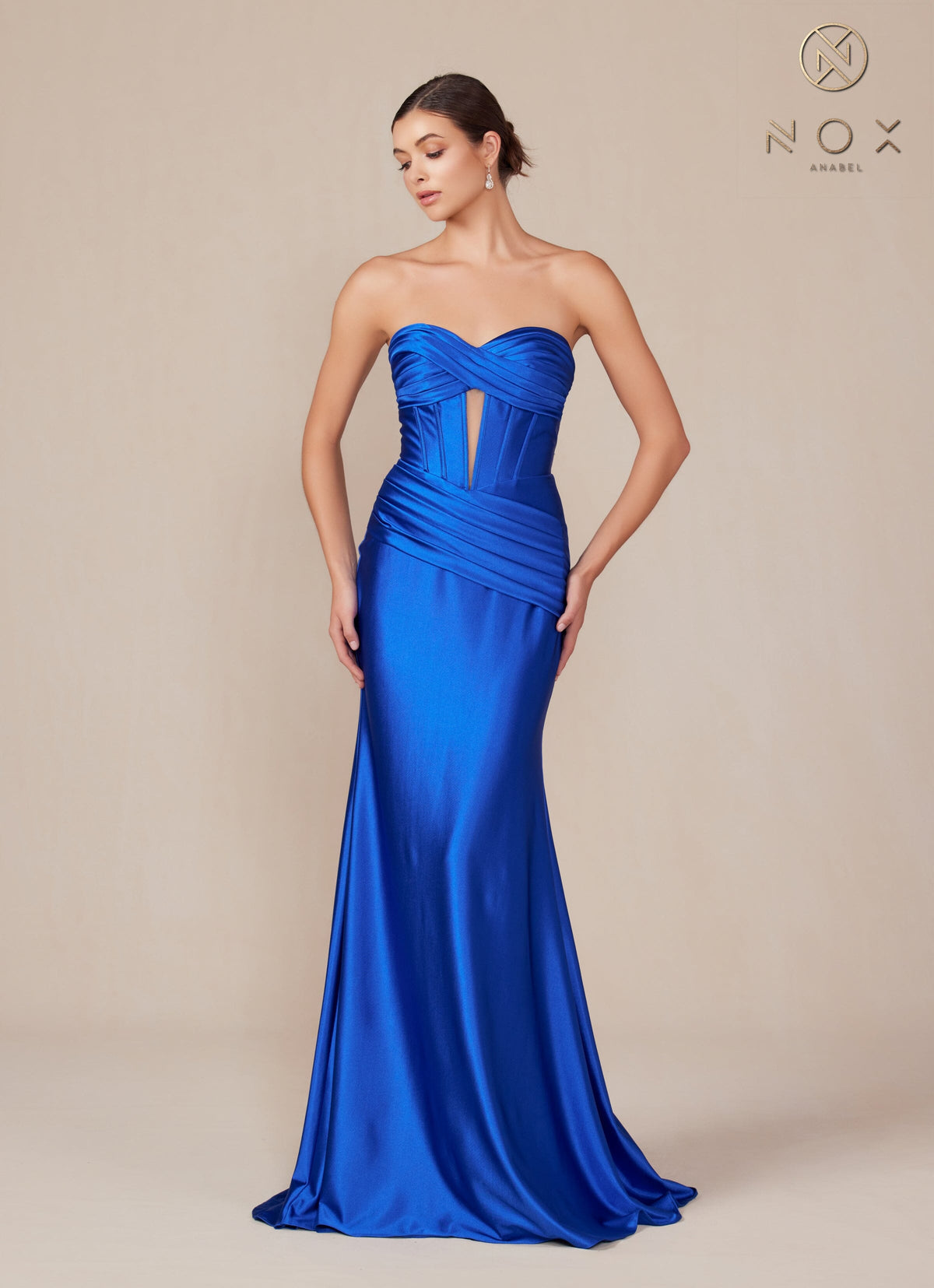 Nox Anabel T1500 Strapless Satin Fitted Long Corset Evening Gown with Train