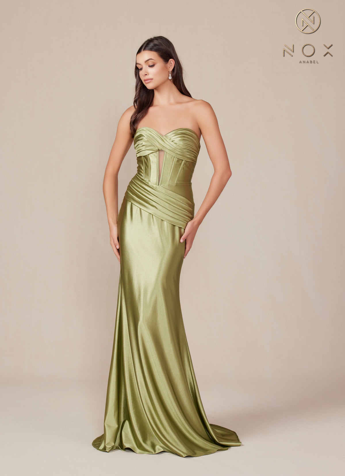 Nox Anabel T1500 Strapless Satin Fitted Long Corset Evening Gown with Train