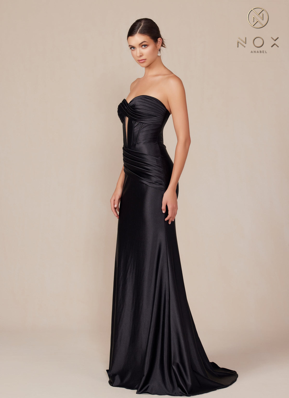 Nox Anabel T1500 Strapless Satin Fitted Long Corset Evening Gown with Train
