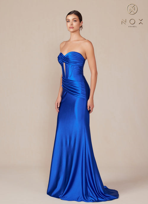 Nox Anabel T1500 Strapless Satin Fitted Long Corset Evening Gown with Train
