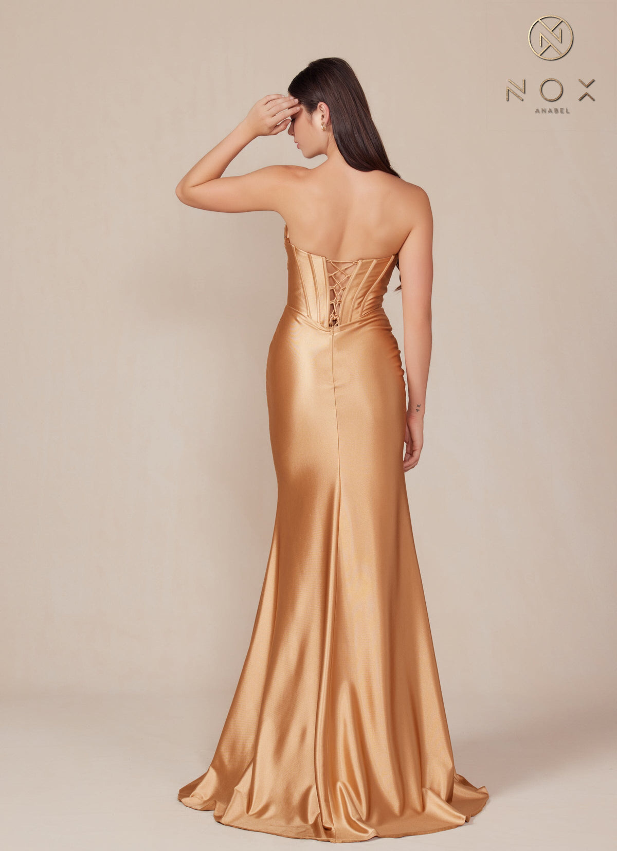 Nox Anabel T1500 Strapless Satin Fitted Long Corset Evening Gown with Train