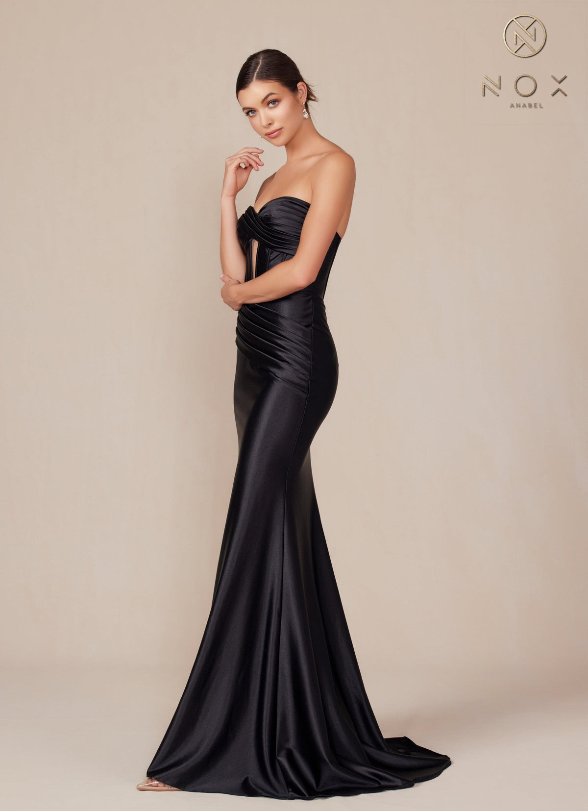 Nox Anabel T1500 Strapless Satin Fitted Long Corset Evening Gown with Train