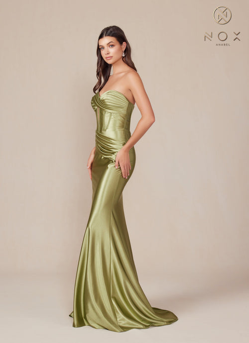 Nox Anabel T1500 Strapless Satin Fitted Long Corset Evening Gown with Train