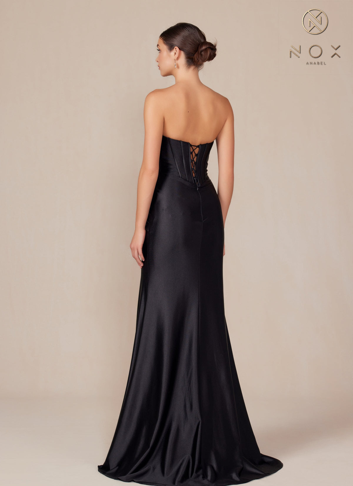 Nox Anabel T1500 Strapless Satin Fitted Long Corset Evening Gown with Train