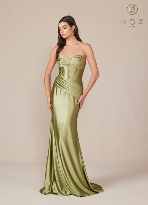 Nox Anabel T1500 Strapless Satin Fitted Long Corset Evening Gown with Train