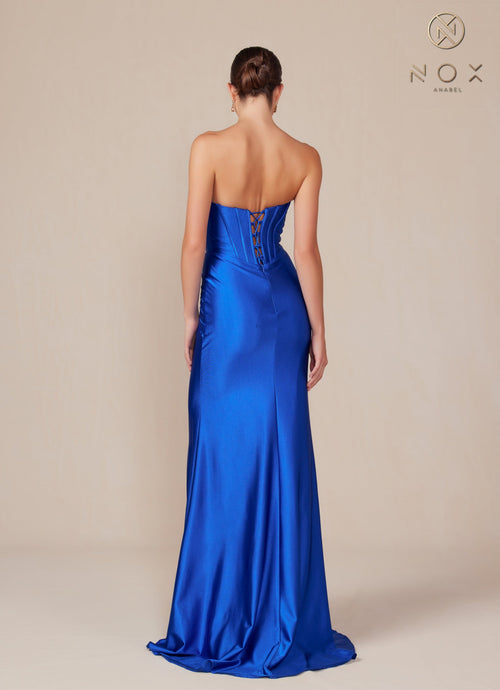 Nox Anabel T1500 Strapless Satin Fitted Long Corset Evening Gown with Train
