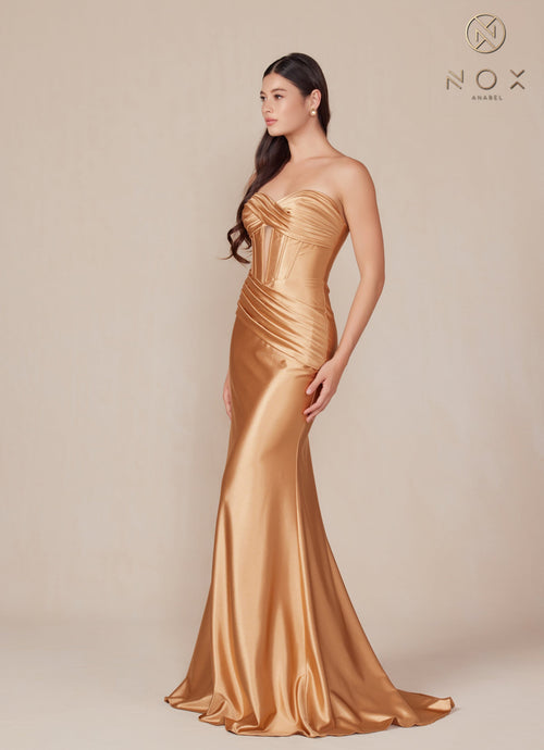 Nox Anabel T1500 Strapless Satin Fitted Long Corset Evening Gown with Train