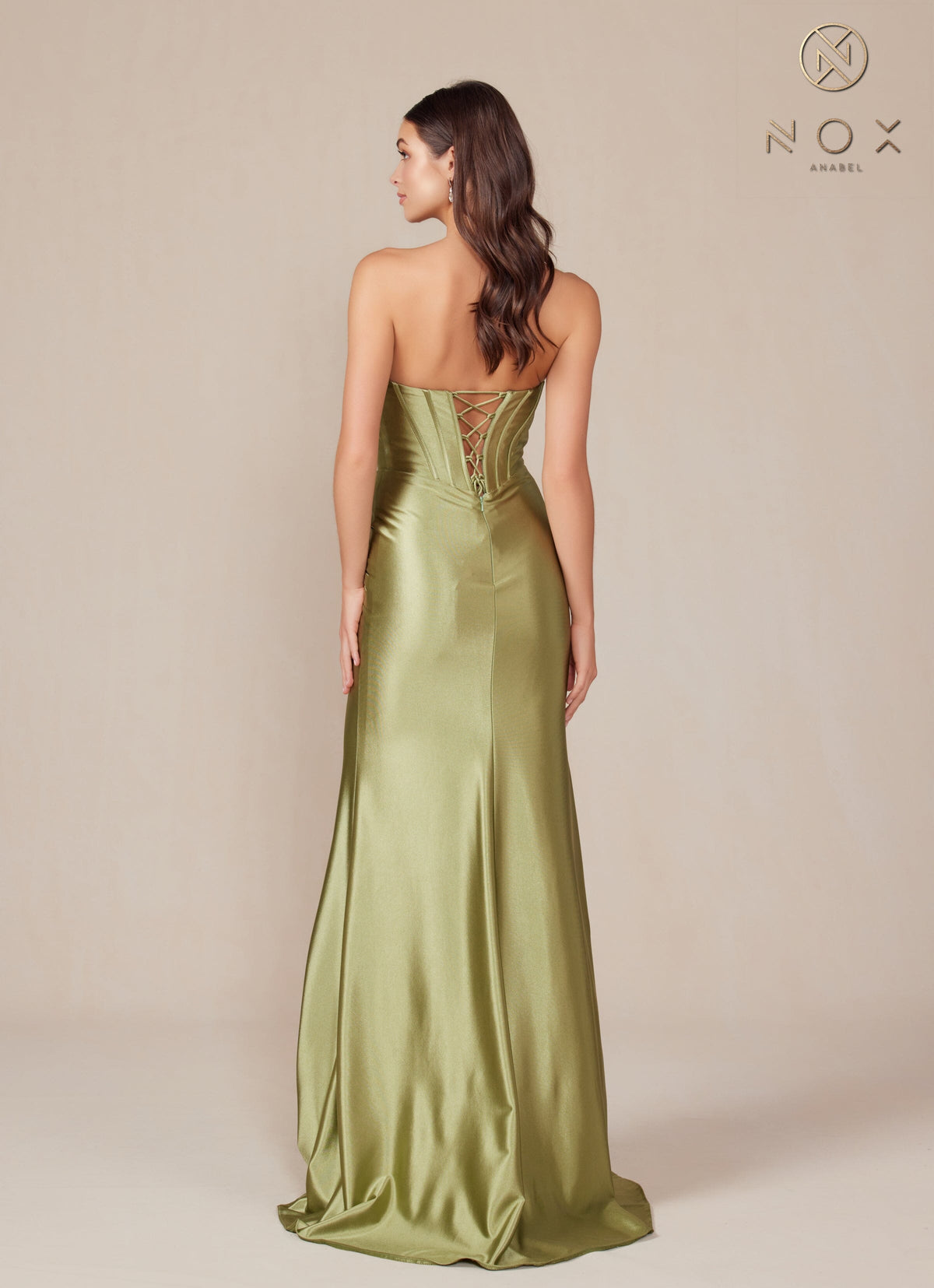 Nox Anabel T1500 Strapless Satin Fitted Long Corset Evening Gown with Train
