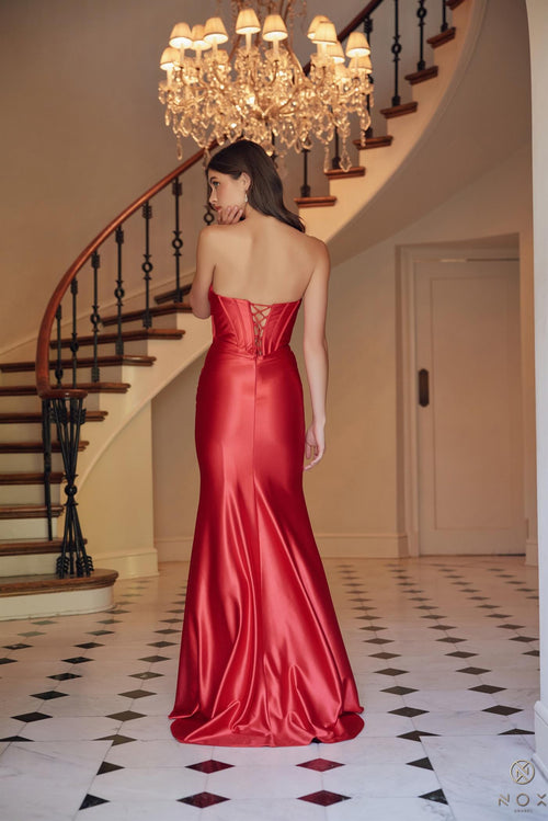 Nox Anabel T1500 Strapless Satin Fitted Long Corset Evening Gown with Train