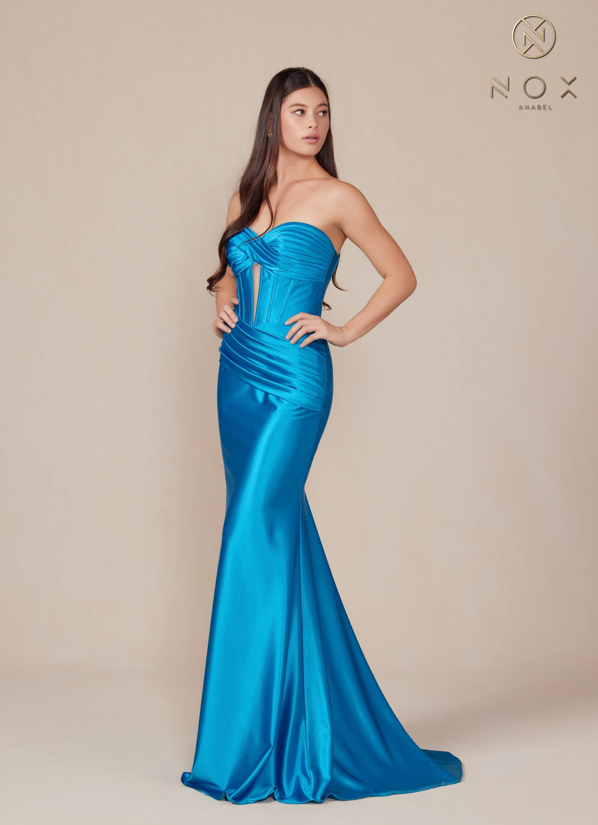 Nox Anabel T1500 Strapless Satin Fitted Long Corset Evening Gown with Train