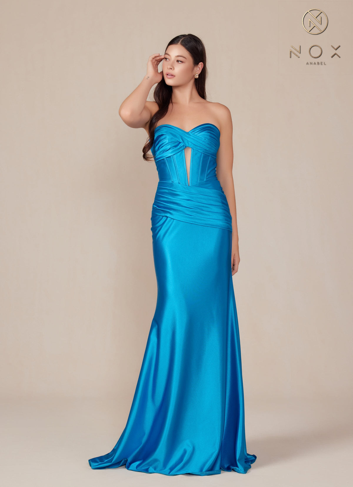Nox Anabel T1500 Strapless Satin Fitted Long Corset Evening Gown with Train