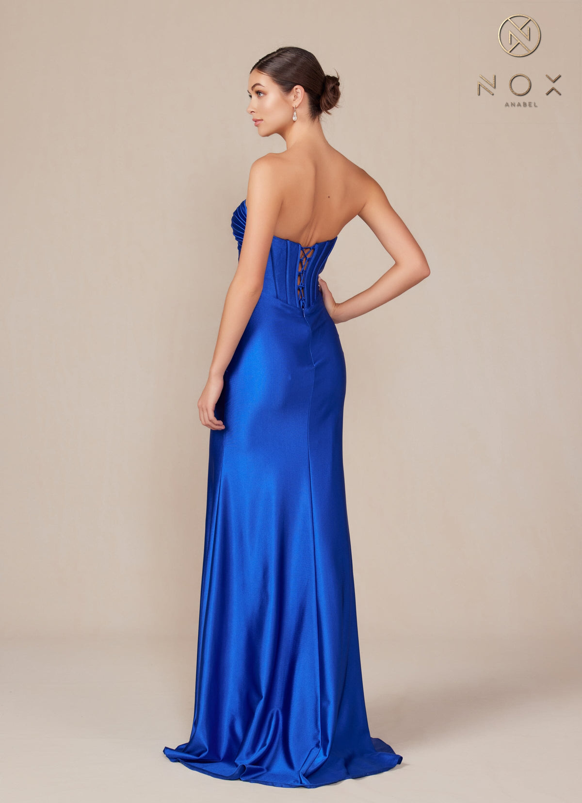 Nox Anabel T1500 Strapless Satin Fitted Long Corset Evening Gown with Train