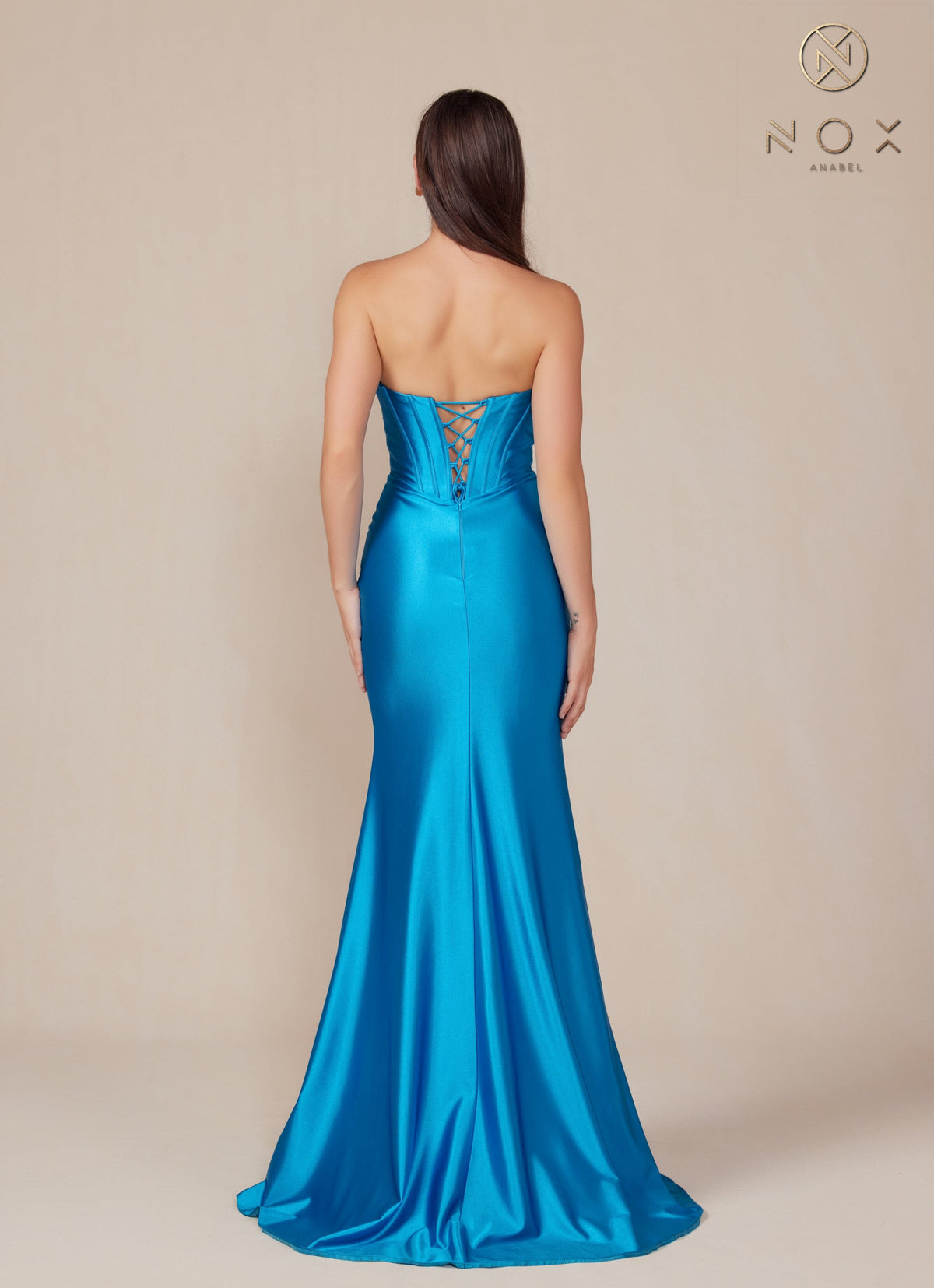 Nox Anabel T1500 Strapless Satin Fitted Long Corset Evening Gown with Train