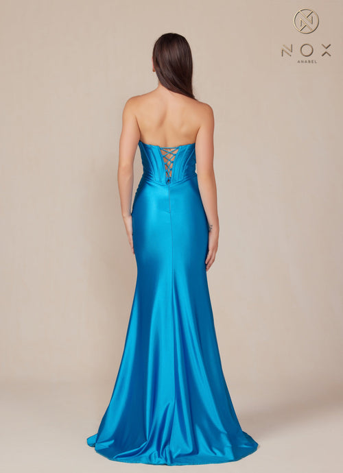 Nox Anabel T1500 Strapless Satin Fitted Long Corset Evening Gown with Train