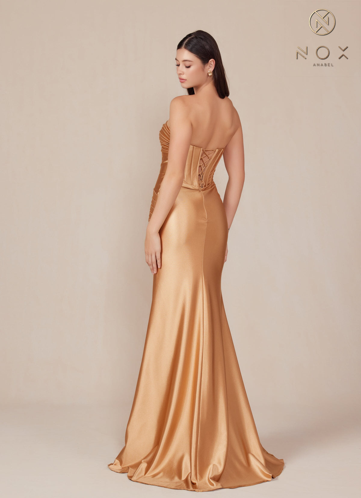 Nox Anabel T1500 Strapless Satin Fitted Long Corset Evening Gown with Train