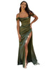 Satin Gown with Cowl Neck & Slit 2025 Elegant Evening Dress - Olive / 2 - Prom