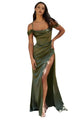 Satin Gown with Cowl Neck & Slit 2025 Elegant Evening Dress - Olive / 2 - Prom