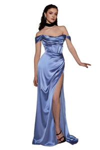 Satin Gown with Cowl Neck & Slit 2025 Elegant Evening Dress - Smoky Blue / 2 - Prom