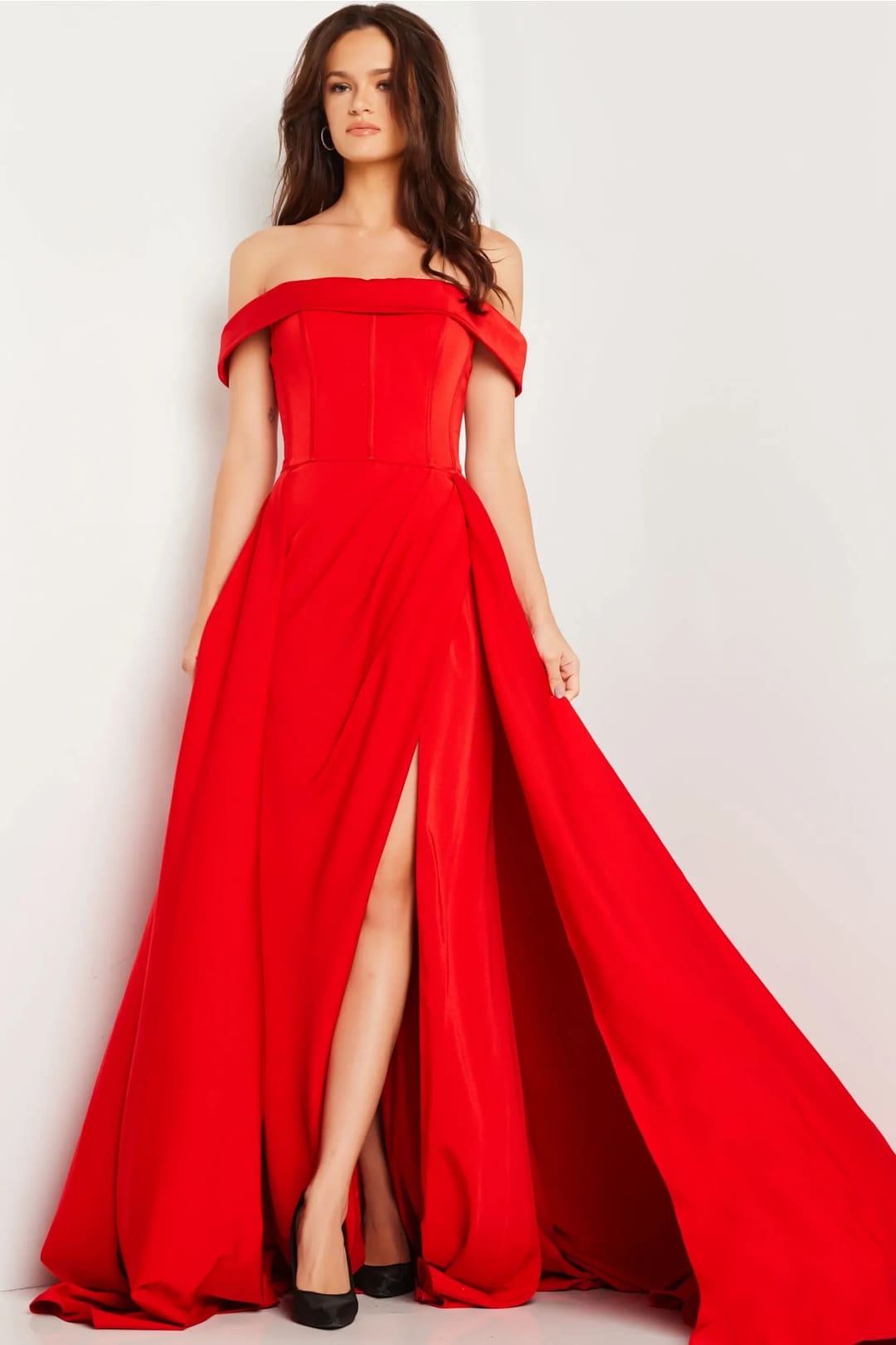 Satin Off Shoulder A-line Slit Gown by Jovani 09874 - 00 / Red - Long Formal Dresses