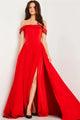 Satin Off Shoulder A-line Slit Gown by Jovani 09874 - 00 / Red - Long Formal Dresses