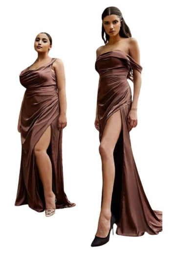 Satin Off-Shoulder Draped Gown 2025 Elegant Evening Dress - Mahogany / 8 - Prom