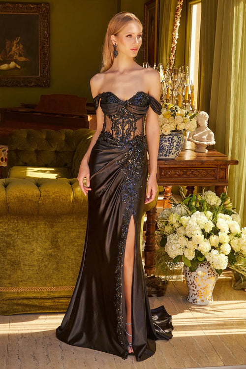 Satin Off Shoulder Slit Gown by Elizabeth K GL3623 - Long Formal Dresses