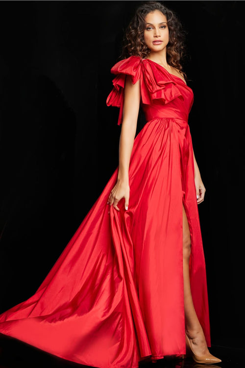 Satin One Shoulder A-line Slit Gown by Jovani 38466 - Long Formal Dresses