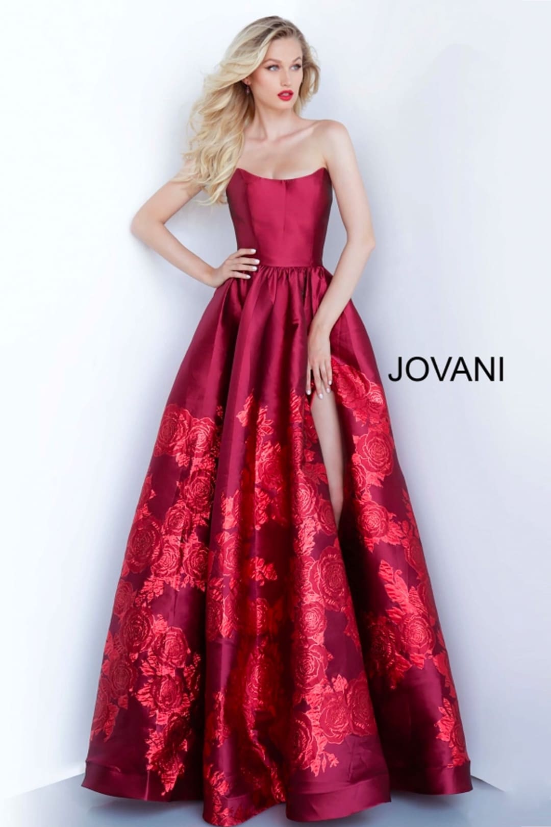 Satin Strapless A-line Slit Gown by Jovani 02038 - Long Formal Dresses