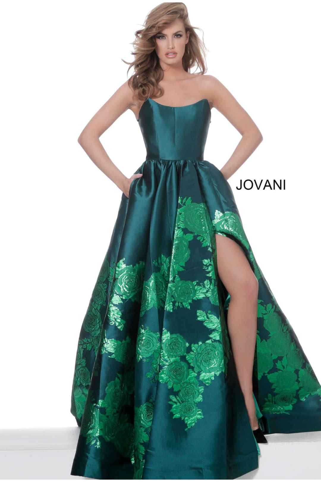 Satin Strapless A-line Slit Gown by Jovani 02038 - Long Formal Dresses