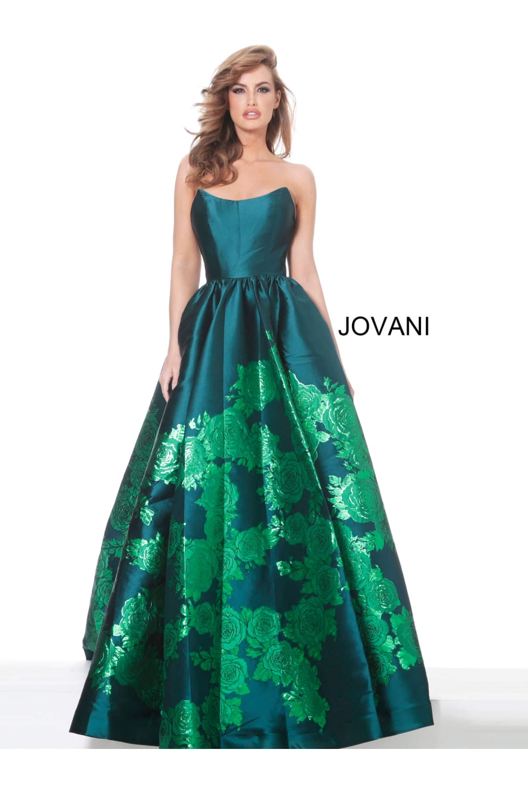 Satin Strapless A-line Slit Gown by Jovani 02038 - 00 / Green - Long Formal Dresses