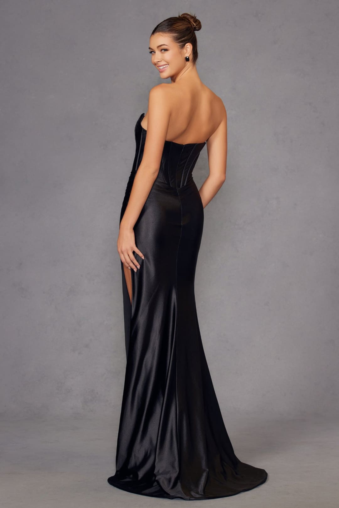 Satin Strapless Bustier Slit Gown by Juliet JT2527L - Long Formal Dresses