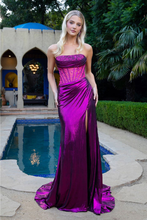 Satin Strapless Slit Gown by Elizabeth K GL3591 - XS / Magenta - Long Formal Dresses