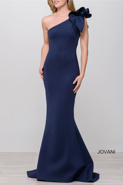 Scuba Fitted One Shoulder Gown by Jovani 32602 - 00 / Navy - Long Formal Dresses